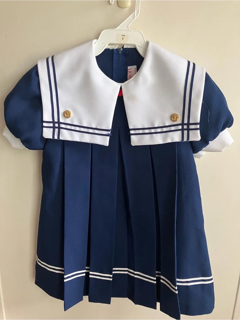Navy Sailor-Style Pleated Dress with White Collar